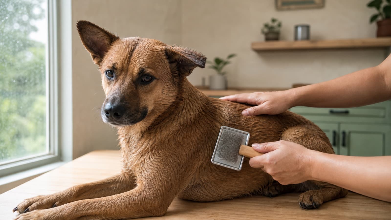 Brown Philippine aspin being brushed with a slicker brush during rainy season