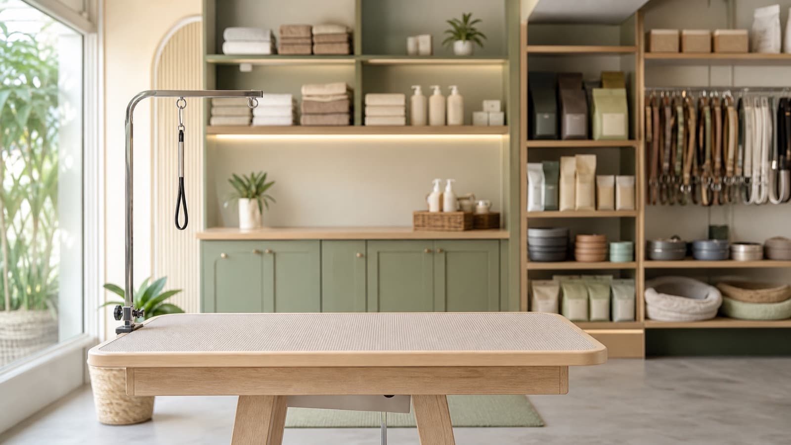 Interior of a bright pet grooming salon and supply shop with a grooming table
