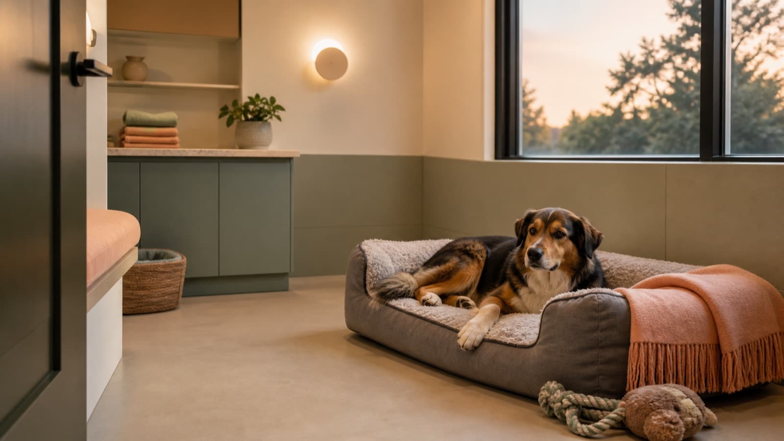 Relaxed dog resting on a pet bed in a bright modern boarding suite