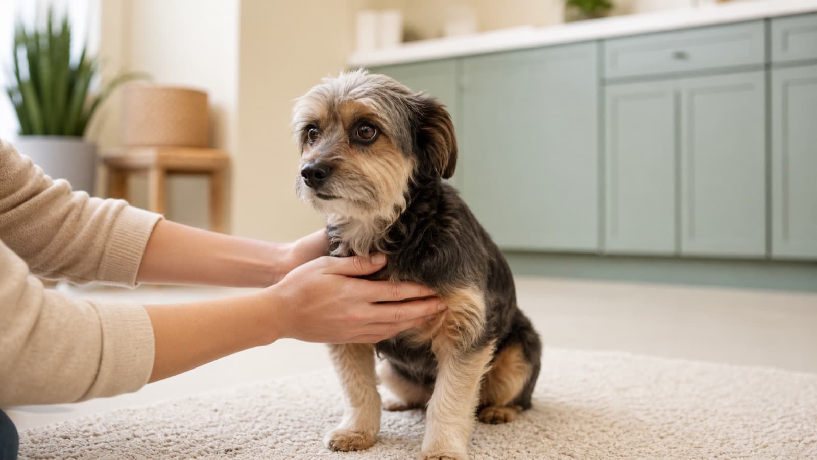 Nervous small dog being gently reassured by a handler in a calm pet facility