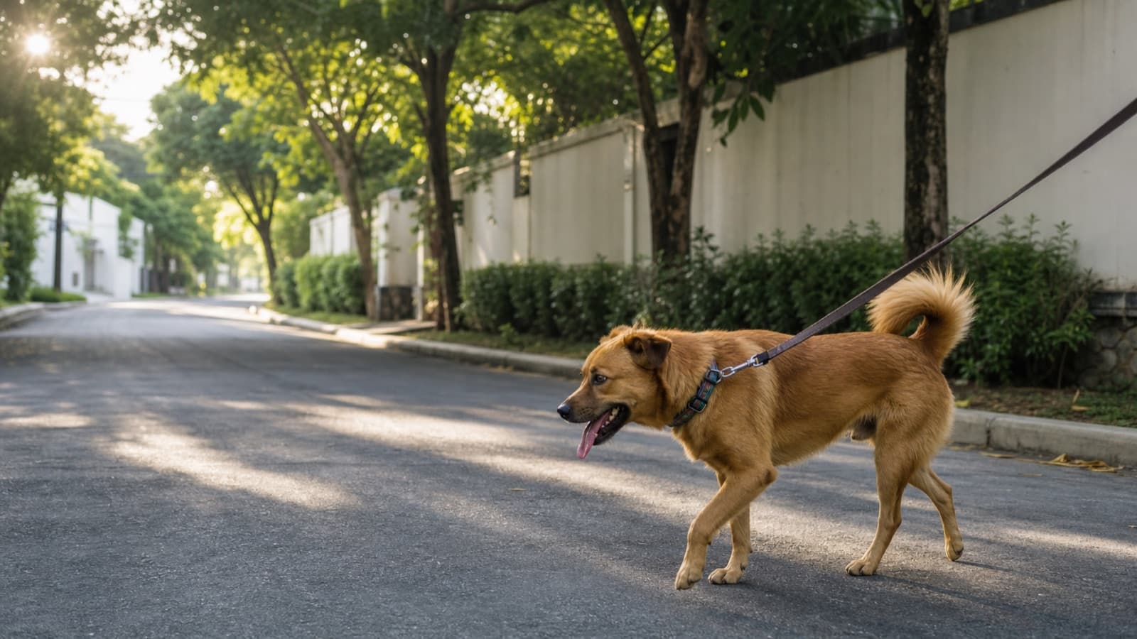 Dog on a leash walking a shaded tree-lined street in a BF Homes subdivision