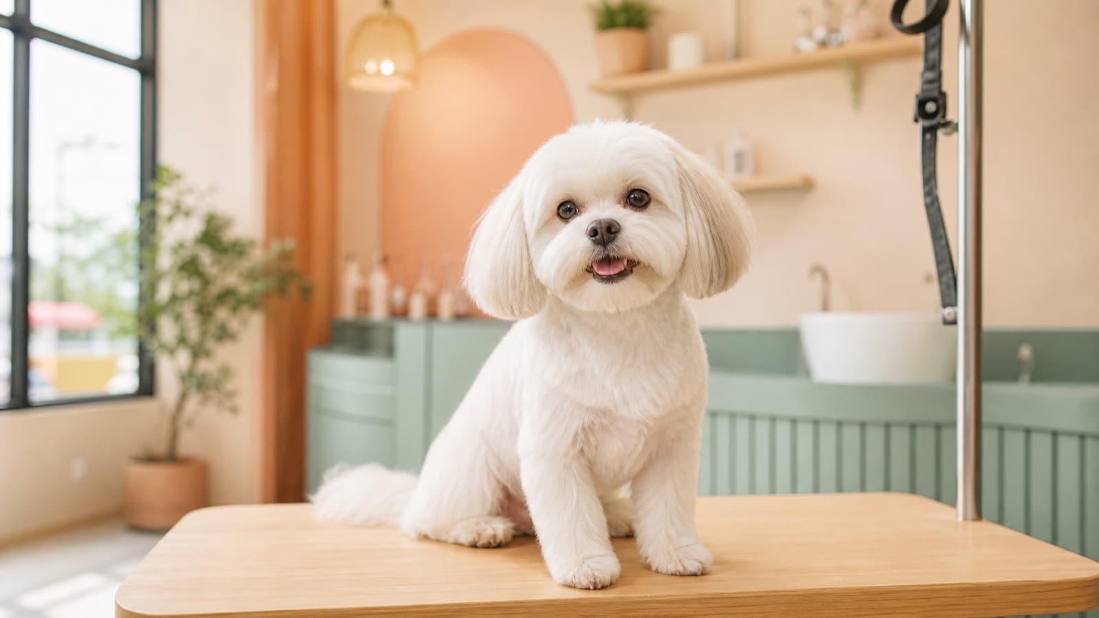 Freshly groomed white Shih Tzu sitting on a grooming table in a bright pet salon in Paranaque