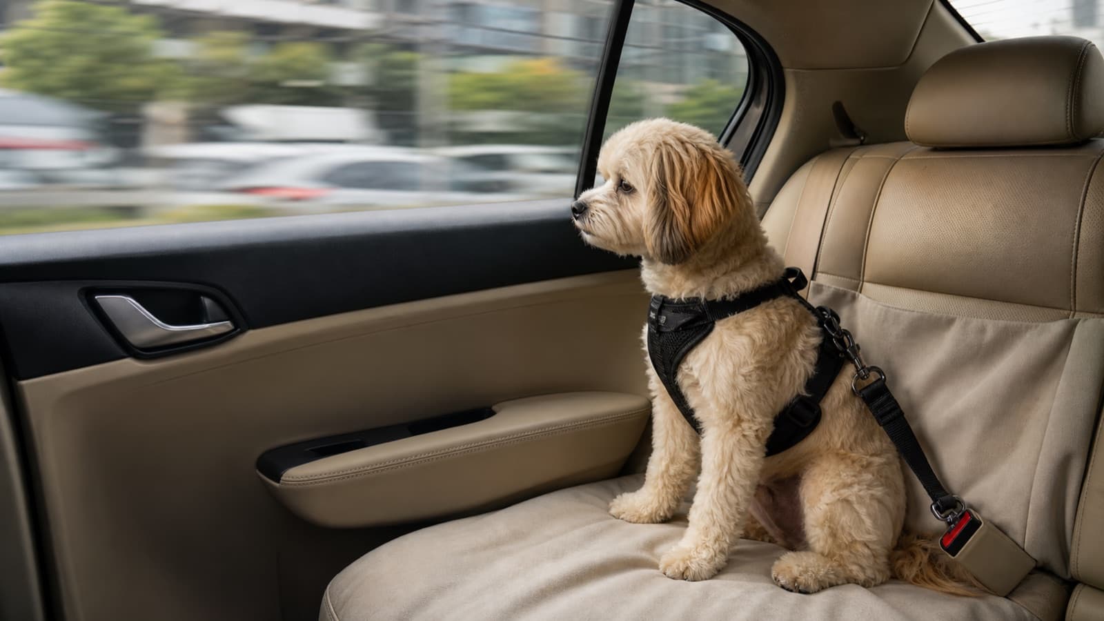 Dog wearing a harness secured safely in the back seat of a car