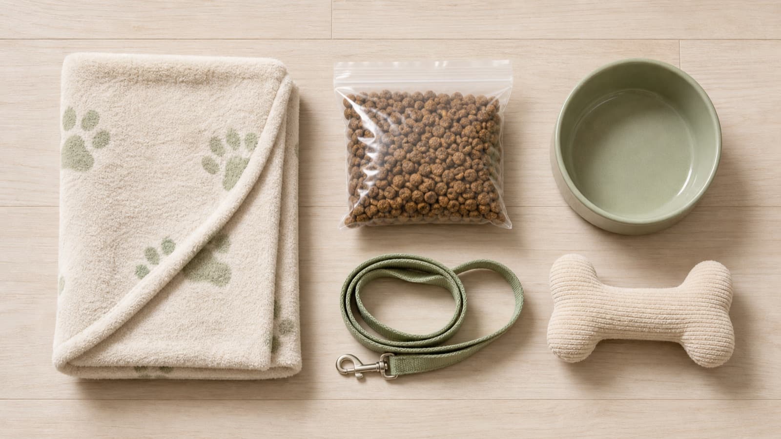 Flat lay of boarding essentials: blanket, food, bowl, leash and a soft toy