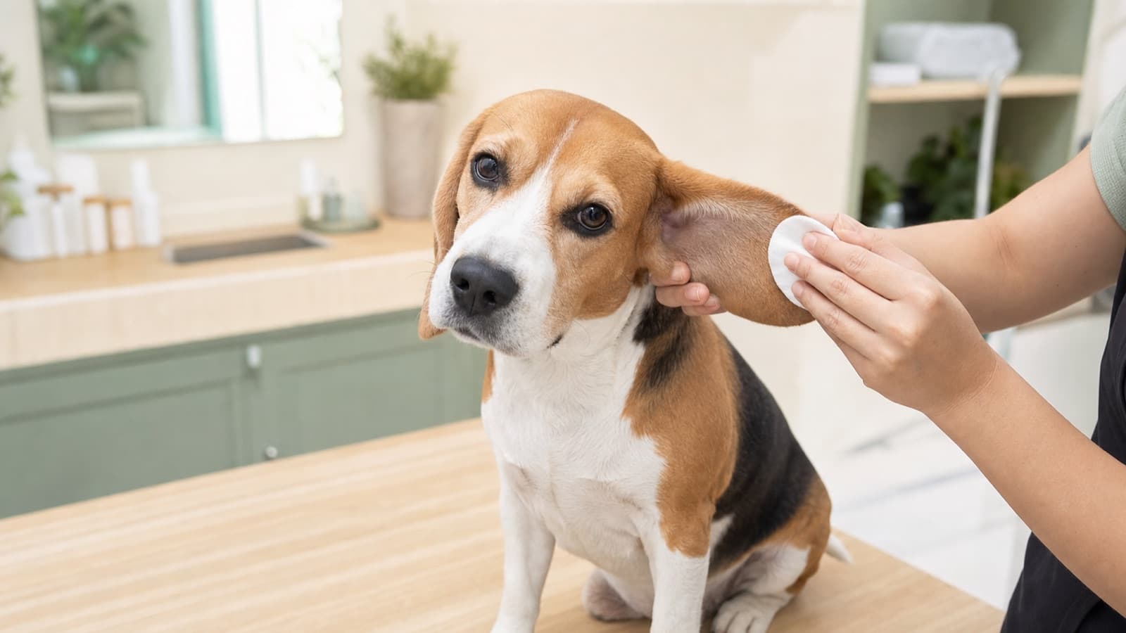 Beagle having the outer flap of its drop ear wiped with a clean cotton pad