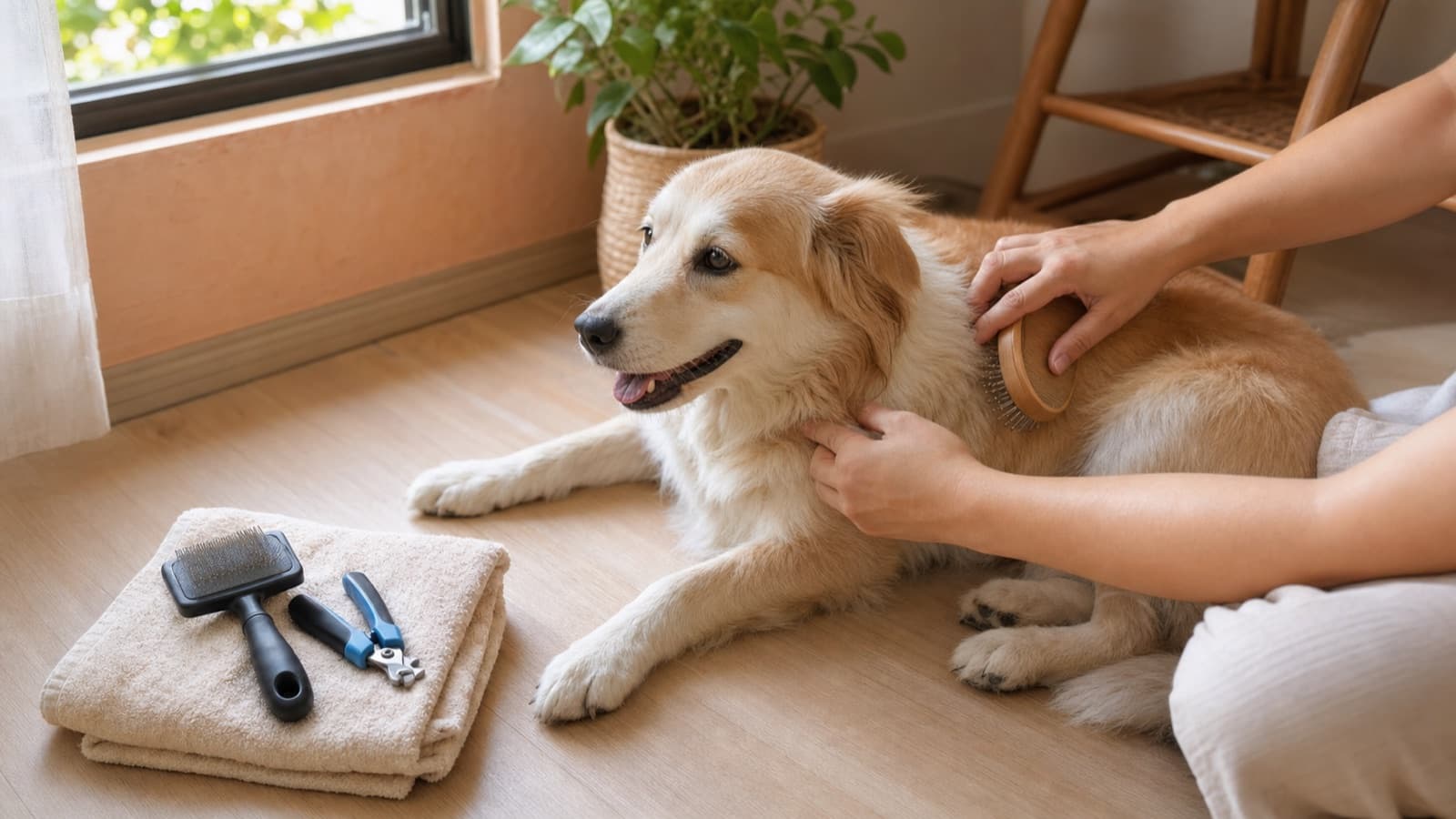 Hands brushing a dog at home beside a sunny window with grooming tools nearby