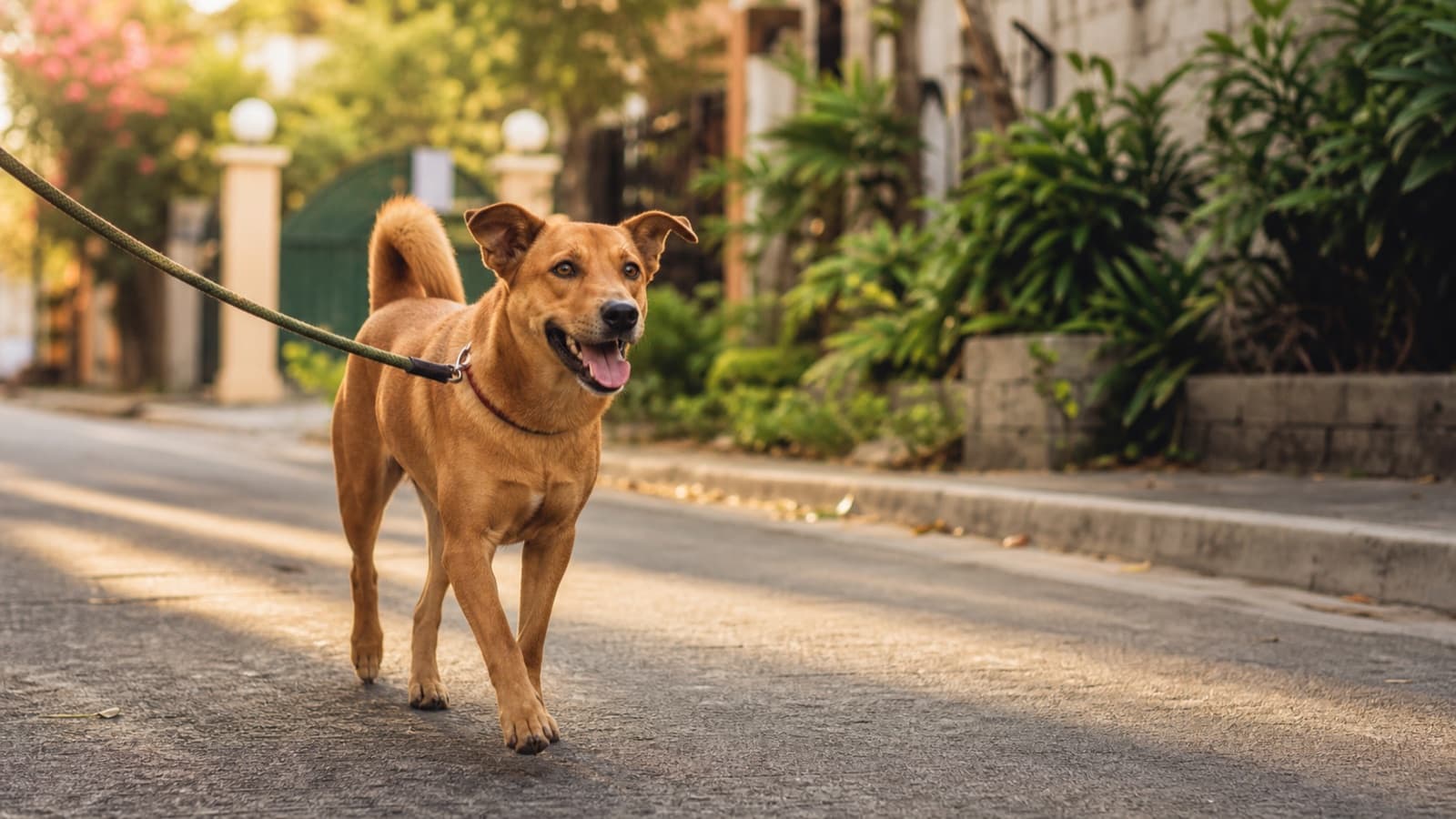 Brown aspin on a leash walking along a quiet residential street in Paranaque