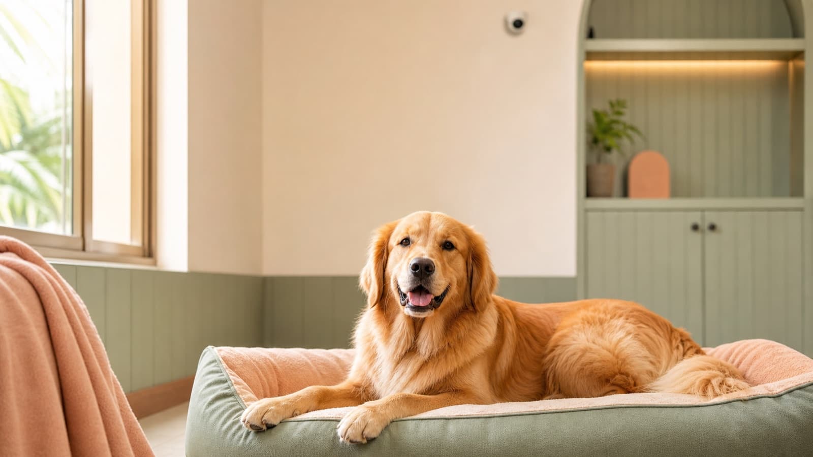 Golden retriever resting on a pet bed in a CCTV-monitored pet hotel suite