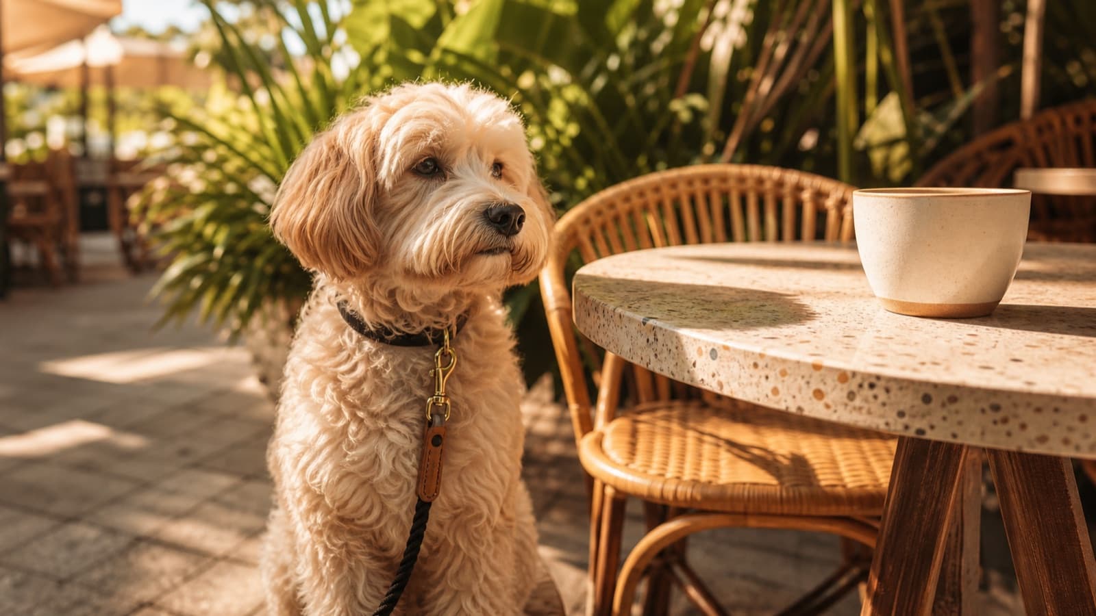 Small groomed dog sitting calmly beside an outdoor cafe table on a leash