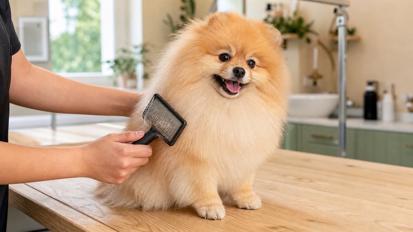 Pomeranian with a full double coat being brushed with a slicker brush