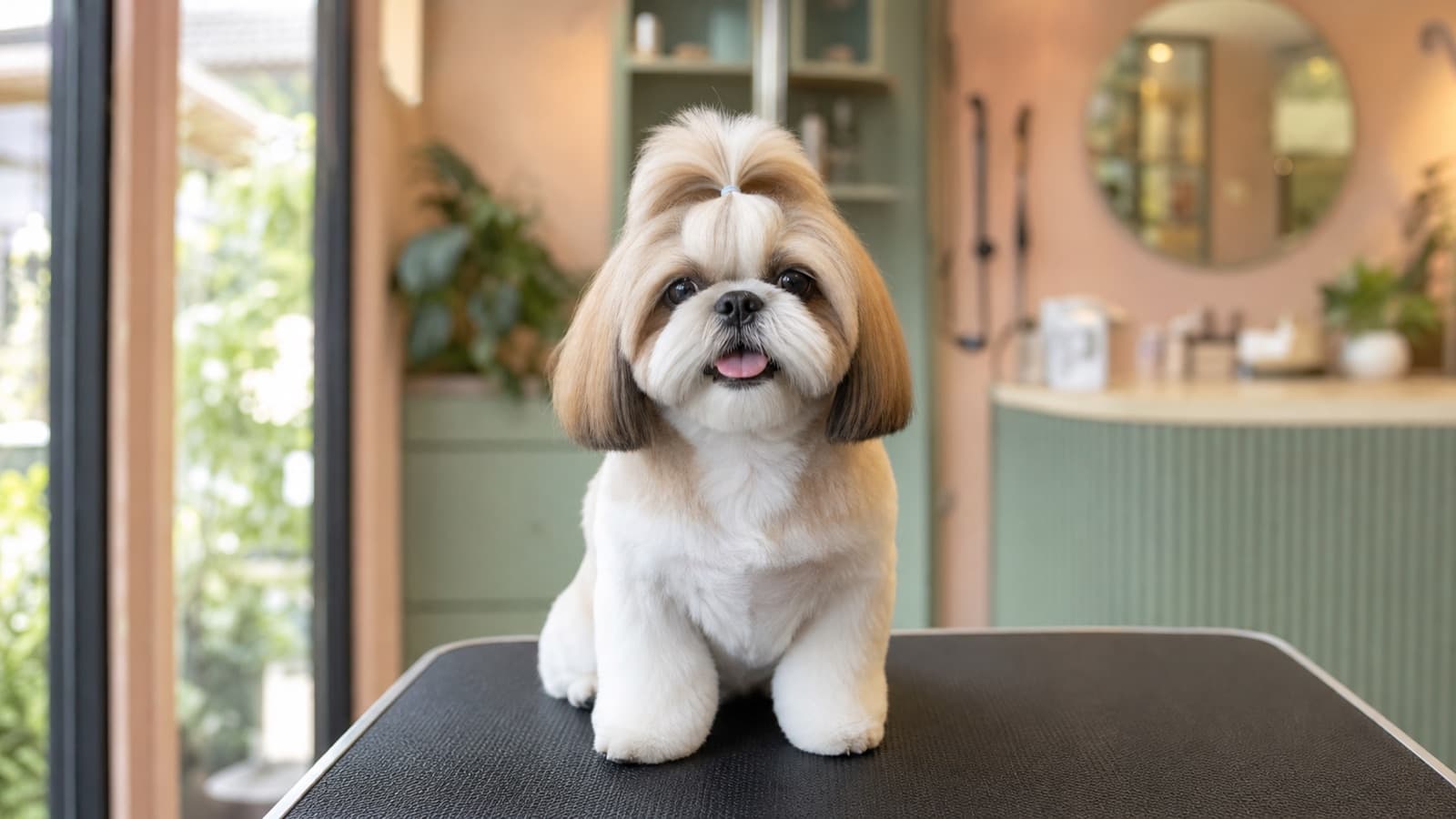 Shih Tzu with a short puppy cut sitting on a grooming table in a Paranaque pet salon